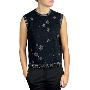 VINTAGE 60S WOOL BLACK STARBURST BEAD FRINGE KNIT TANK TOP MARIANNE FASHIONS